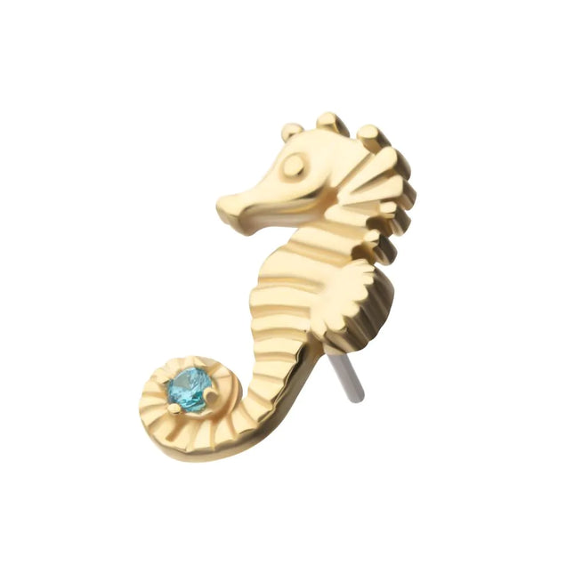 Invictus 14Kt Yellow Gold Threadless Etched Seahorse Top with Prong Set Aqua Gem