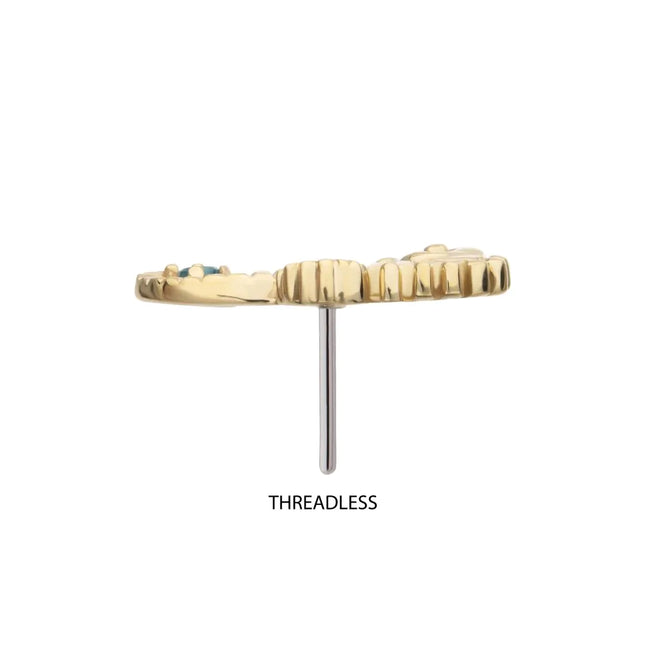 Invictus 14Kt Yellow Gold Threadless Etched Seahorse Top with Prong Set Aqua Gem