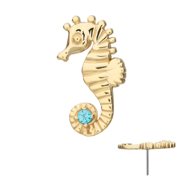 Invictus 14Kt Yellow Gold Threadless Etched Seahorse Top with Prong Set Aqua Gem