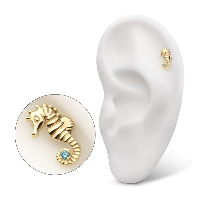 Invictus 14Kt Yellow Gold Threadless Etched Seahorse Top with Prong Set Aqua Gem