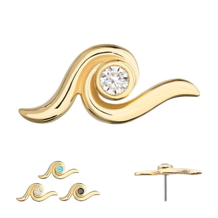 Invictus 14Kt Yellow Gold Threadless Delicate Waterwave Top with Bezel Gem