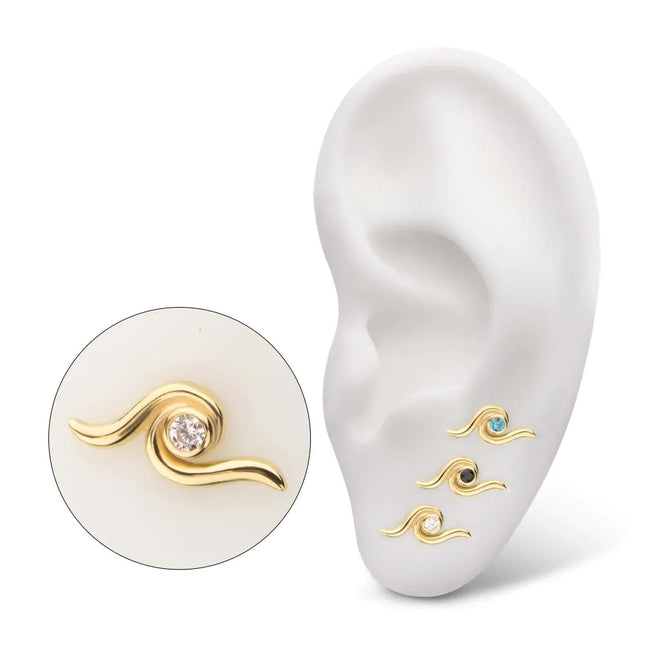 Invictus 14Kt Yellow Gold Threadless Delicate Waterwave Top with Bezel Gem