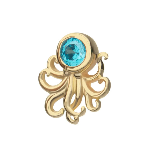 Invictus 14Kt Yellow Gold Threadless Sprawling Octopus Top with Bezel Aqua Gem