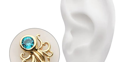 Invictus 14Kt Yellow Gold Threadless Sprawling Octopus Top with Bezel Aqua Gem