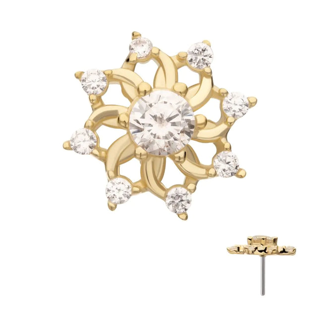 Invictus 14Kt Yellow Gold Threadless Swirled Flower Top with Prong Set Gem