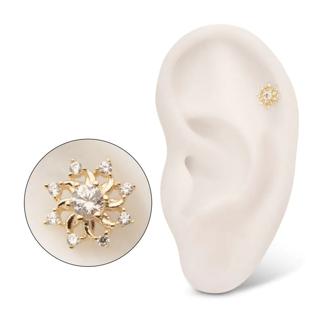 Invictus 14Kt Yellow Gold Threadless Swirled Flower Top with Prong Set Gem