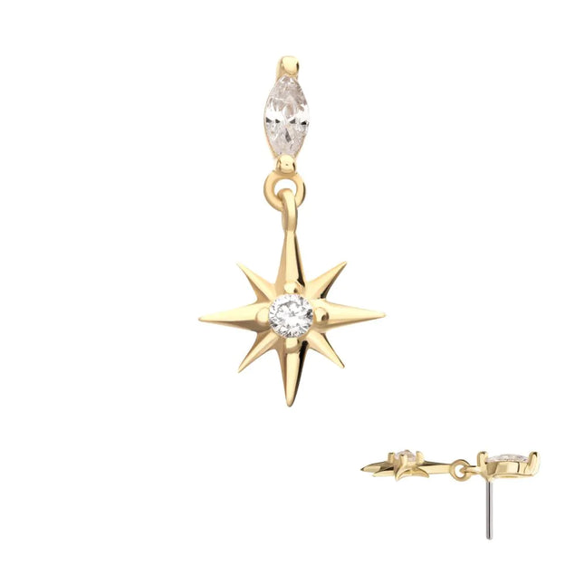 Invictus 14Kt Yellow Gold Marquise with Prong CZ Gem North Star Dangle Top