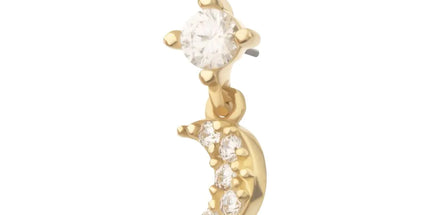 Invictus 14Kt Gold Threadless 4-Prong CZ 2mm Gem Top with Pave CZ Gem Crescent Moon Dangle