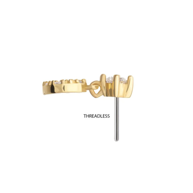 Invictus 14Kt Gold Threadless 4-Prong CZ 2mm Gem Top with Pave CZ Gem Crescent Moon Dangle