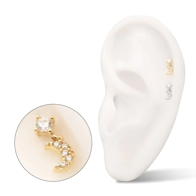 Invictus 14Kt Gold Threadless 4-Prong CZ 2mm Gem Top with Pave CZ Gem Crescent Moon Dangle