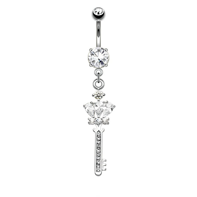 Ornate Key Micro Jewelled Dangle Plated Fashion Navel in Silver or Gold