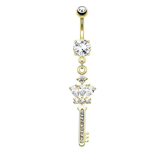 Ornate Key Micro Jewelled Dangle Plated Fashion Navel in Silver or Gold