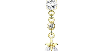 Leaf Triple Jewelled Dangle Gold Plated Fashion Navel