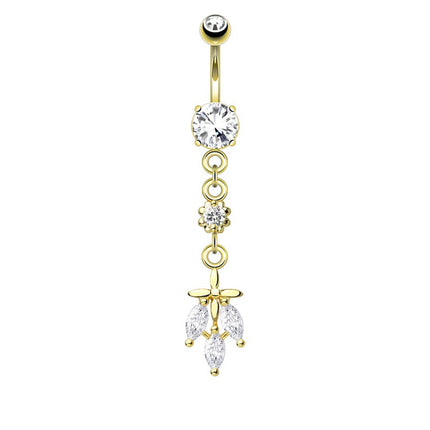 Leaf Triple Jewelled Dangle Gold Plated Fashion Navel