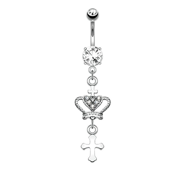 Crown and Cross Jewelled Dangle Plated Fashion Navel in Silver or Gold