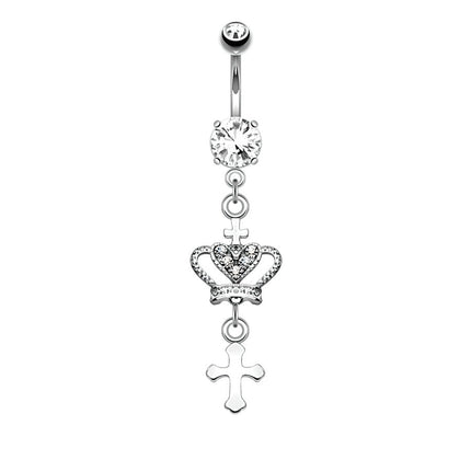Crown and Cross Jewelled Dangle Plated Fashion Navel in Silver or Gold