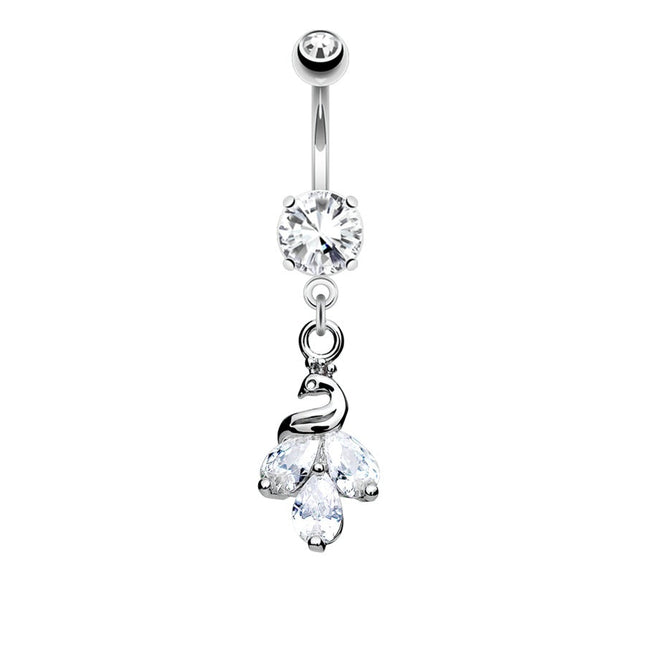 Peacock Cluster Jewelled Dangle Plated Fashion Navel in Silver or Gold