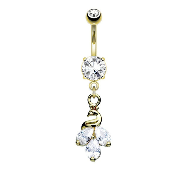 Peacock Cluster Jewelled Dangle Plated Fashion Navel in Silver or Gold