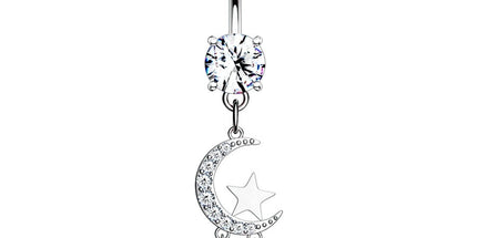 Crescent Moon and Star with Round CZ Dangle Plated Fashion Navel in Silver or Gold