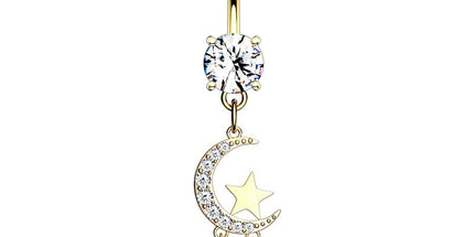Crescent Moon and Star with Round CZ Dangle Plated Fashion Navel in Silver or Gold
