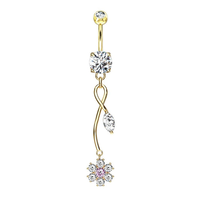 Flower Jewelled Vine Dangle Plated Fashion Navel In Silver or Gold