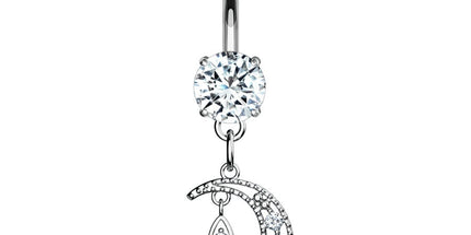 Crescent Moon Micro Jewelled Dangle Plated Fashion Navel in Gold, Silver & Rose Gold