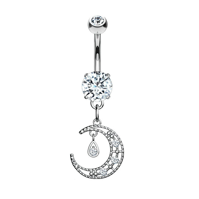 Crescent Moon Micro Jewelled Dangle Plated Fashion Navel in Gold, Silver & Rose Gold
