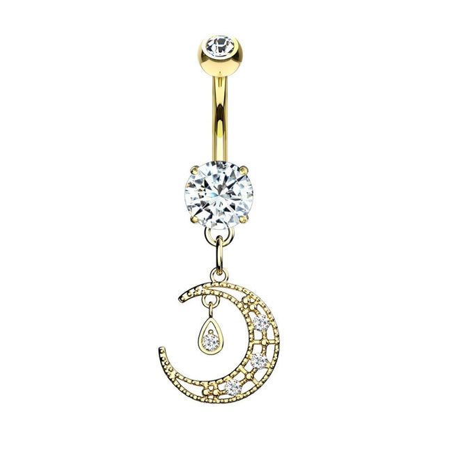 Crescent Moon Micro Jewelled Dangle Plated Fashion Navel in Gold, Silver & Rose Gold