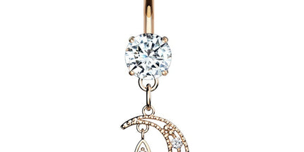 Crescent Moon Micro Jewelled Dangle Plated Fashion Navel in Gold, Silver & Rose Gold