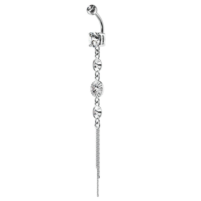Jewelled Disc Chain Dangle Plated Fashion Navel - in Silver or Gold plate