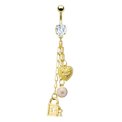 Charmed Hanging Chain Dangle Prong Set Gold Plated Fashion Navel