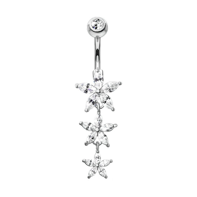 Triple Flower Cascade Jewelled Dangle Plated Fashion Navel. In Silver, Gold and Rose Gold