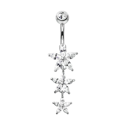 Triple Flower Cascade Jewelled Dangle Plated Fashion Navel. In Silver, Gold and Rose Gold