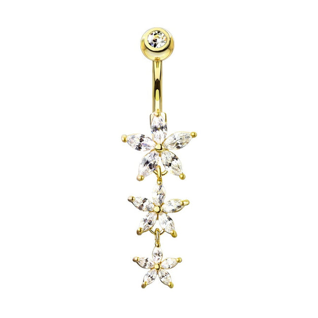 Triple Flower Cascade Jewelled Dangle Plated Fashion Navel. In Silver, Gold and Rose Gold