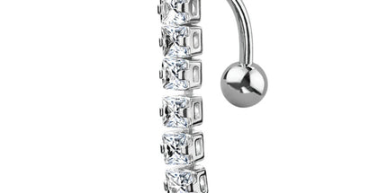 Square Vertical Drop Jewelled Dangle Plated Fashion Navel in Silver, Gold and Rose Gold