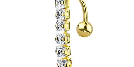Square Vertical Drop Jewelled Dangle Plated Fashion Navel in Silver, Gold and Rose Gold
