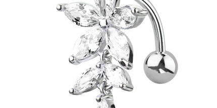 Flower Vertical Drop Jewelled Dangle Plated Fashion Navel. In Clear Crystal, Blue & Pink