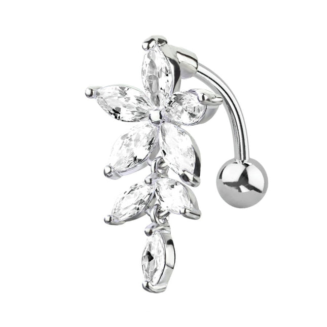 Flower Vertical Drop Jewelled Dangle Plated Fashion Navel. In Clear Crystal, Blue & Pink