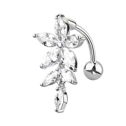 Flower Vertical Drop Jewelled Dangle Plated Fashion Navel. In Clear Crystal, Blue & Pink