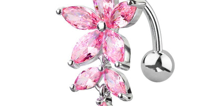 Flower Vertical Drop Jewelled Dangle Plated Fashion Navel. In Clear Crystal, Blue & Pink