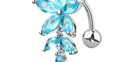 Flower Vertical Drop Jewelled Dangle Plated Fashion Navel. In Clear Crystal, Blue & Pink
