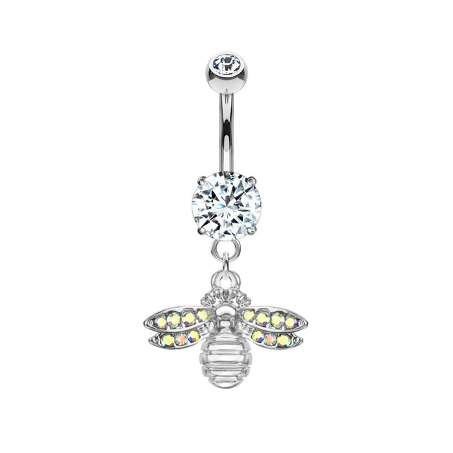 Paved Gem Bee Dangle Plated Fashion Navel in Silver or Gold