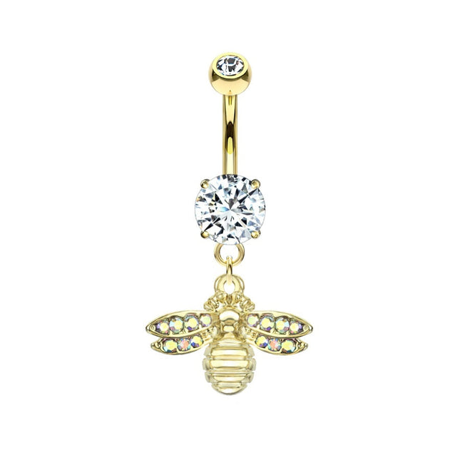 Paved Gem Bee Dangle Plated Fashion Navel in Silver or Gold