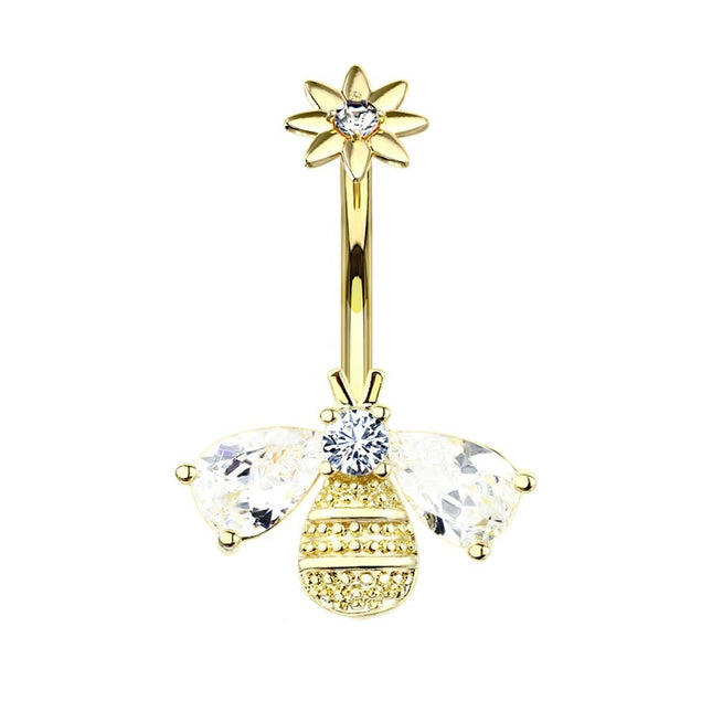 Bee and Flower Internally Threaded Jewelled Gold Plated Fashion Navel