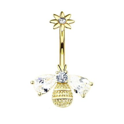 Bee and Flower Internally Threaded Jewelled Gold Plated Fashion Navel