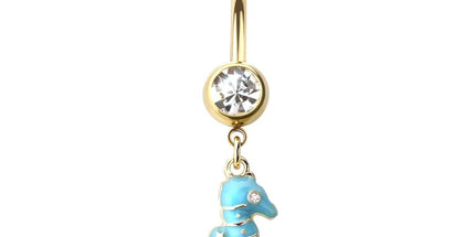 Sea Horse Blue Enamel Dangle Gold Plated Fashion Navel