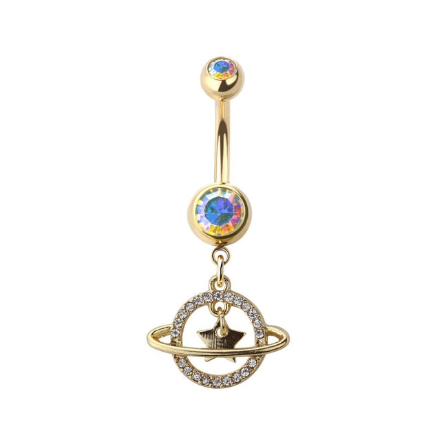 Saturn and Star Jewelled Dangle Gold Plated Fashion Navel