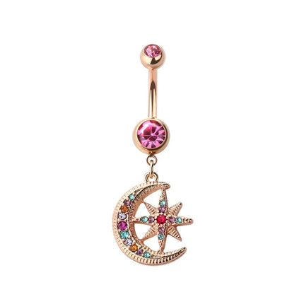 Moon and Starburst Jewelled Dangle Rose Gold Plated Fashion Navel