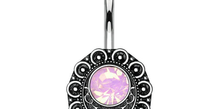 Filigree Pink, Green & White Water Opal Vintage Silver Burnished Plated Fashion Navel