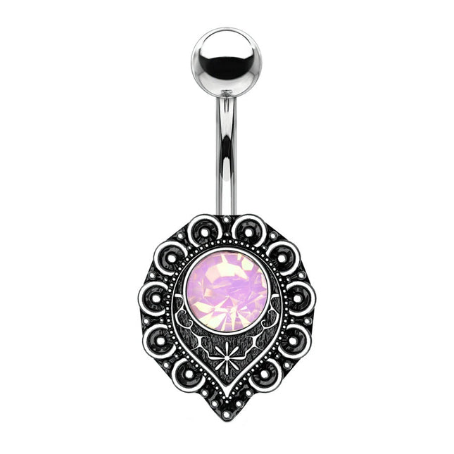 Filigree Pink, Green & White Water Opal Vintage Silver Burnished Plated Fashion Navel